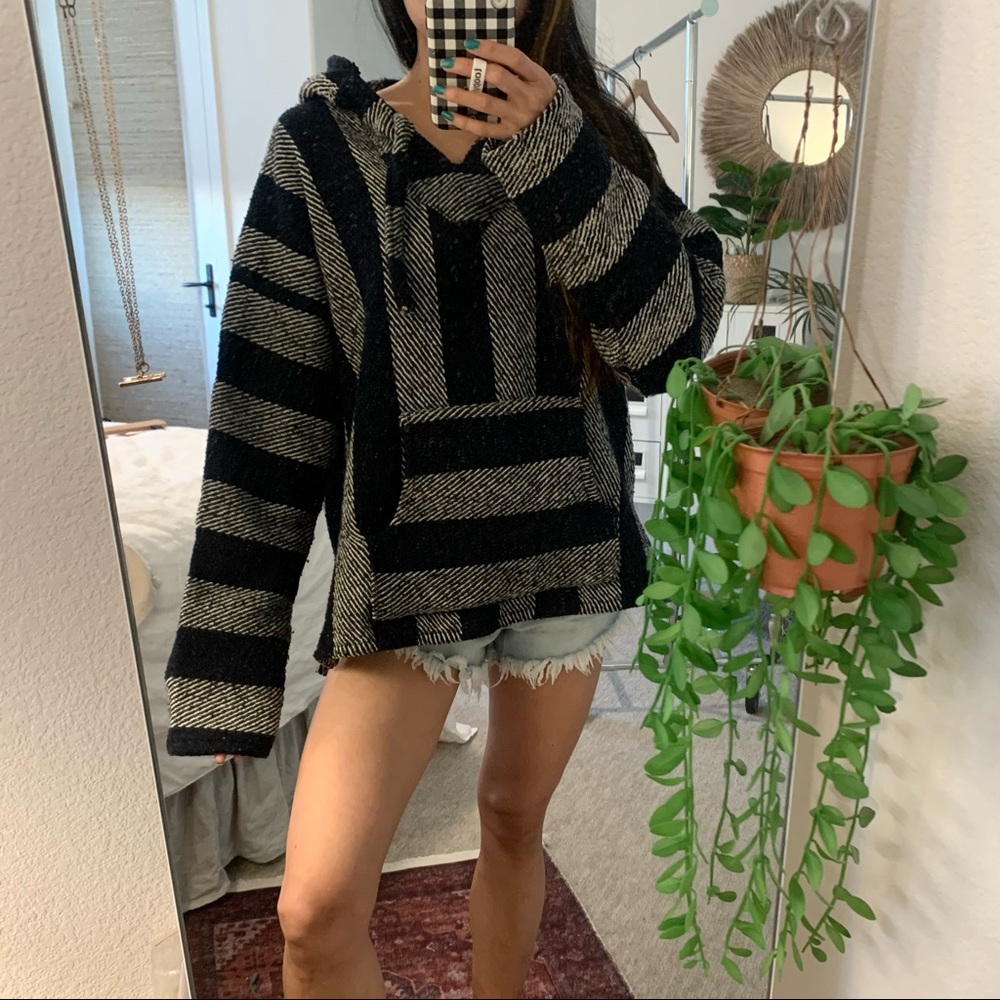 Vintage Tlaxcala Mexican Baja Chunky Knit Hoodie Navy + White Stripes Large